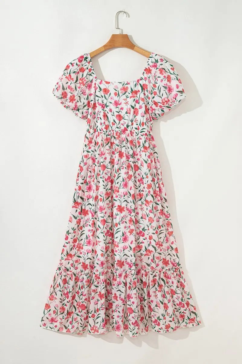 Pink Floral Puff Sleeve Square Neck Empire Waist Maxi Dress - Love Salve